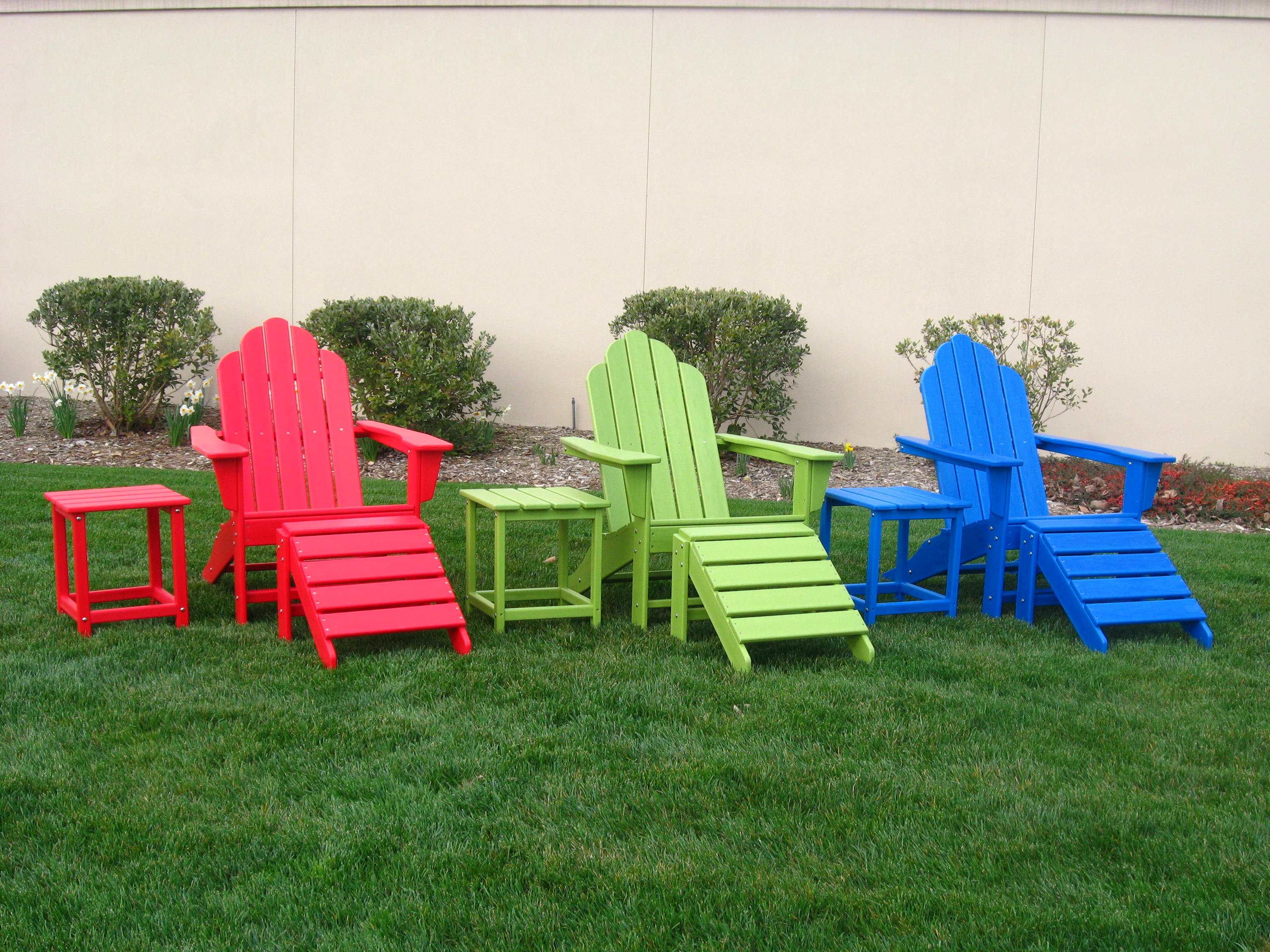 Adirondack Chairs in Sunset Red, Lime Green and Pacific Blue